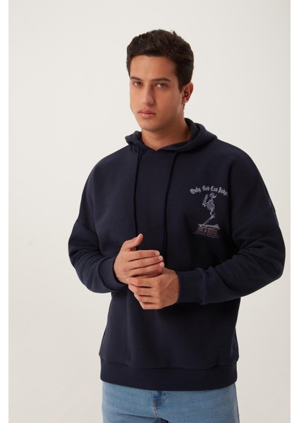 Erkek 3 İplik Pamuklu İçi Polarlı Ön Arka Baskılı Oversize Kapüşonlu Lacivert Sweatshirt modelleri