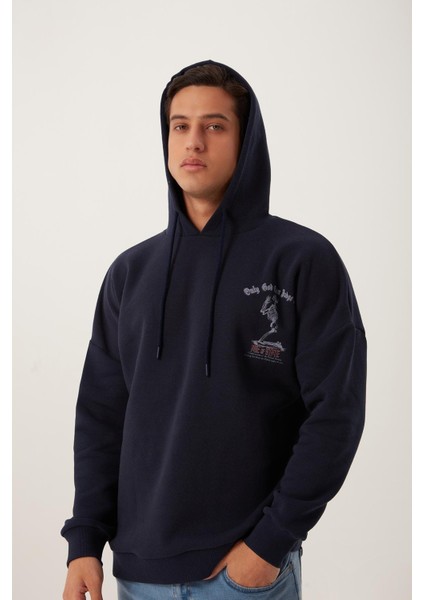 Erkek 3 İplik Pamuklu İçi Polarlı Ön Arka Baskılı Oversize Kapüşonlu Lacivert Sweatshirt fırsatları