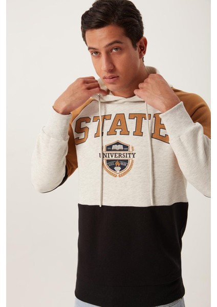 Erkek 3 İplik Pamuklu İçi Polarlı 3 Renkli Oversize Baskılı Kapüşonlu Gri Sweatshirt