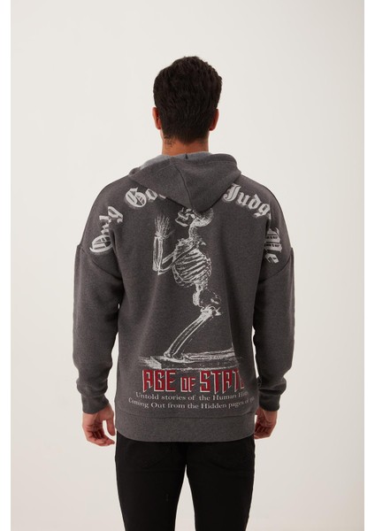 Erkek 3 İplik Pamuklu İçi Polarlı Ön Arka Baskılı Oversize Kapüşonlu Antrasit Sweatshirt
