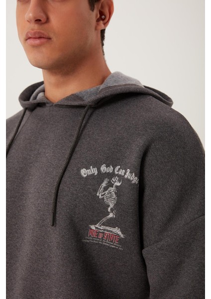 Erkek 3 İplik Pamuklu İçi Polarlı Ön Arka Baskılı Oversize Kapüşonlu Antrasit Sweatshirt fiyatları