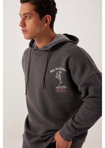 Erkek 3 İplik Pamuklu İçi Polarlı Ön Arka Baskılı Oversize Kapüşonlu Antrasit Sweatshirt fırsatları