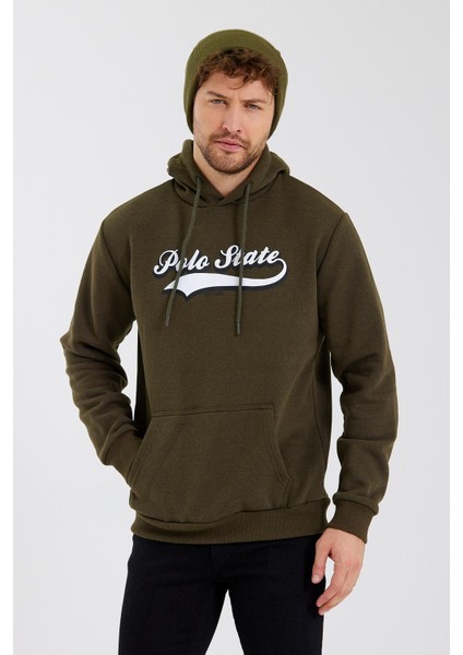 Erkek 3 İplik Pamuklu İçi Polarlı Baskılı Regular Fit Kapüşonlu Kanguru Cepli Haki Sweatshirt