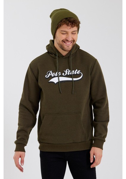 Erkek 3 İplik Pamuklu İçi Polarlı Baskılı Regular Fit Kapüşonlu Kanguru Cepli Haki Sweatshirt modelleri