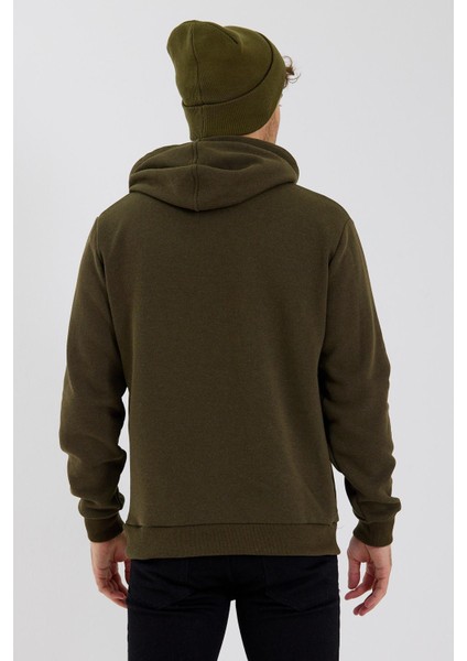 Erkek 3 İplik Pamuklu İçi Polarlı Baskılı Regular Fit Kapüşonlu Kanguru Cepli Haki Sweatshirt fırsatları