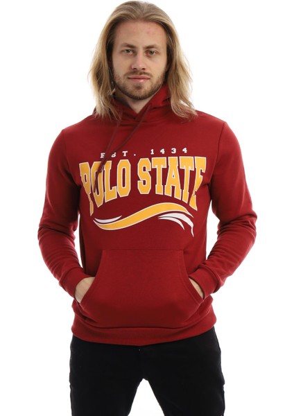 Erkek 3 İplik Pamuklu İçi Polarlı Regular Fit Baskılı Kapüşonlu Kanguru Cepli Bordo Sweatshirt