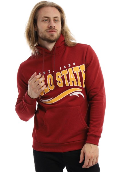 Erkek 3 İplik Pamuklu İçi Polarlı Regular Fit Baskılı Kapüşonlu Kanguru Cepli Bordo Sweatshirt fiyatları
