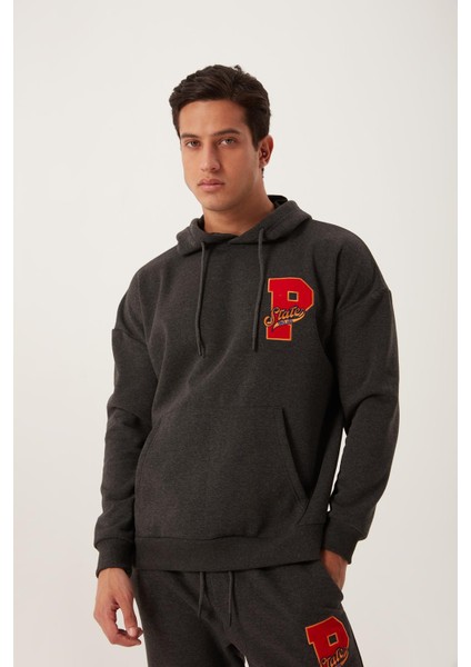 Erkek 3 İplik Pamuklu İçi Polarlı Oversize Nakışlı Kapüşonlu Kanguru Cepli Antrasit Sweatshirt
