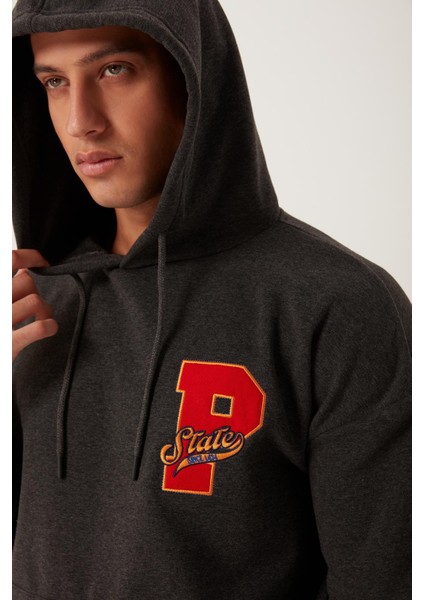 Erkek 3 İplik Pamuklu İçi Polarlı Oversize Nakışlı Kapüşonlu Kanguru Cepli Antrasit Sweatshirt fiyatları