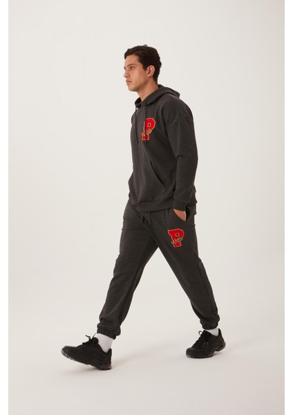 Erkek 3 İplik Pamuklu İçi Polarlı Oversize Nakışlı Kapüşonlu Kanguru Cepli Antrasit Sweatshirt modelleri