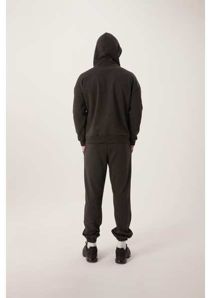 Erkek 3 İplik Pamuklu İçi Polarlı Oversize Nakışlı Kapüşonlu Kanguru Cepli Antrasit Sweatshirt fırsatları