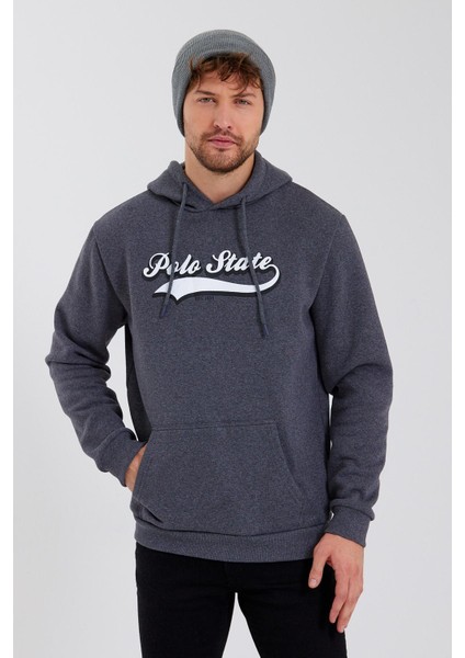 Erkek 3 İplik Pamuklu İçi Polarlı Baskılı Regular Fit Kapüşonlu Kanguru Cepli Antrasit Sweatshirt
