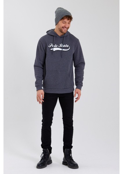 Erkek 3 İplik Pamuklu İçi Polarlı Baskılı Regular Fit Kapüşonlu Kanguru Cepli Antrasit Sweatshirt fiyatları