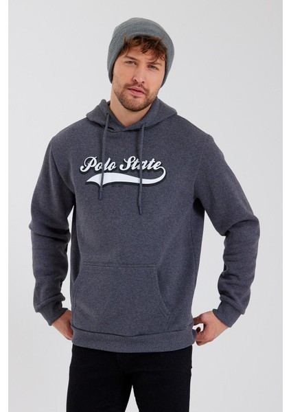 Erkek 3 İplik Pamuklu İçi Polarlı Baskılı Regular Fit Kapüşonlu Kanguru Cepli Antrasit Sweatshirt modelleri