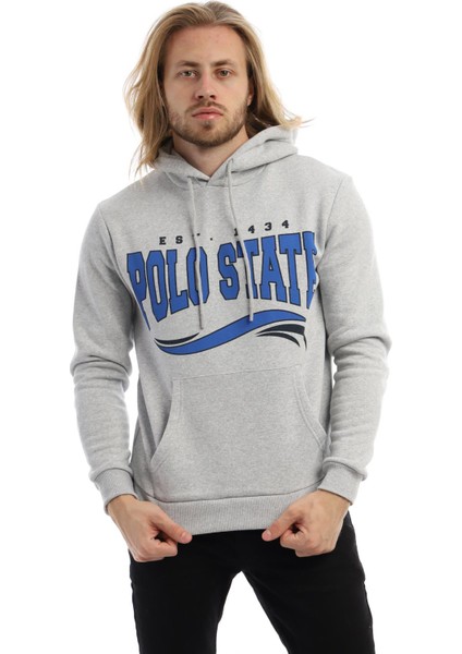 Erkek 3 İplik Pamuklu İçi Polarlı Regular Fit Baskılı Kapüşonlu Kanguru Cepli Gri Sweatshirt