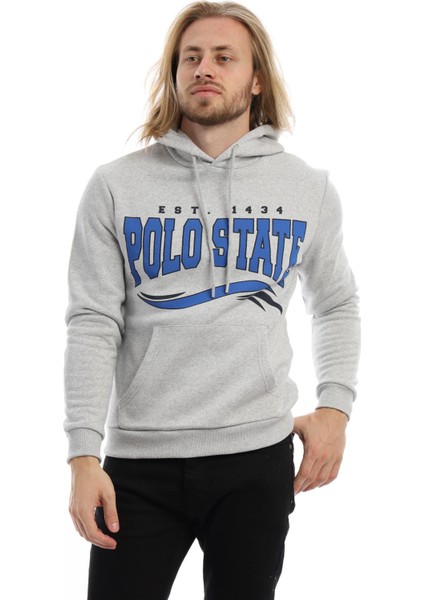 Erkek 3 İplik Pamuklu İçi Polarlı Regular Fit Baskılı Kapüşonlu Kanguru Cepli Gri Sweatshirt fiyatları