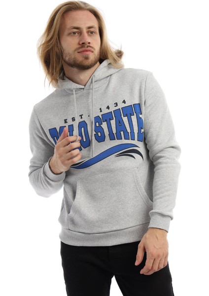 Erkek 3 İplik Pamuklu İçi Polarlı Regular Fit Baskılı Kapüşonlu Kanguru Cepli Gri Sweatshirt modelleri