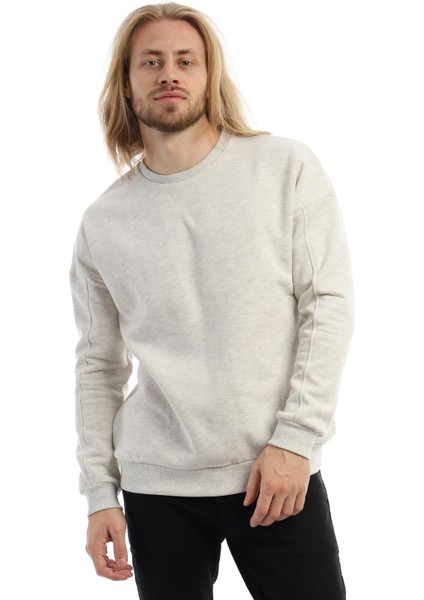 Erkek 3 İplik Pamuklu İçi Polarlı Regular Fit Basic Bisklet Yaka Kar Melanj Sweatshirt