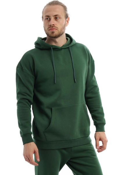 Erkek 3 İplik Pamuklu İçi Polarlı Oversize Kapüşonlu Kanguru Cepli Yeşil Sweatshirt