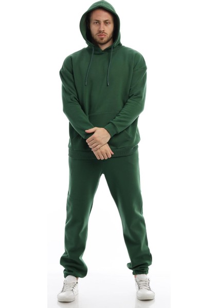 Erkek 3 İplik Pamuklu İçi Polarlı Oversize Kapüşonlu Kanguru Cepli Yeşil Sweatshirt fiyatları