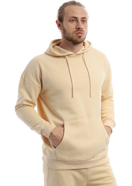 Erkek Kanguru Cepli Sweatshirt Krem