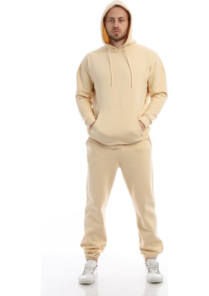 Erkek Kanguru Cepli Sweatshirt Krem