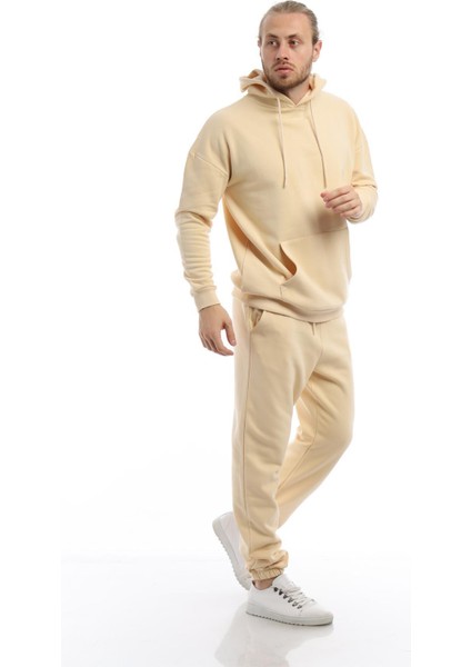 Erkek Kanguru Cepli Sweatshirt Krem