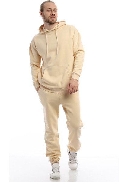 Erkek Kanguru Cepli Sweatshirt Krem