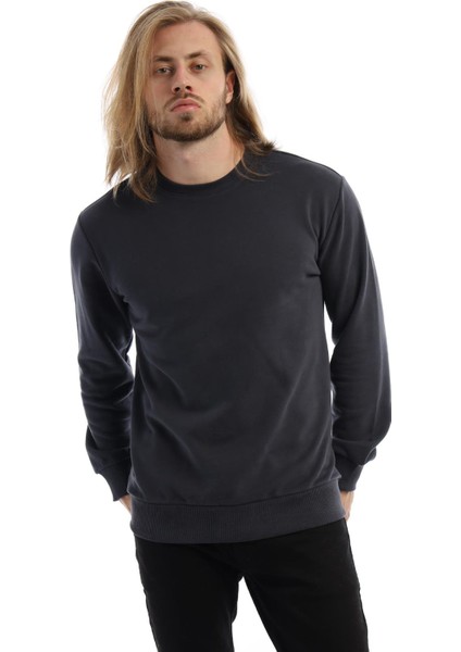 Erkek 3 İplik Pamuklu Regular Fit Basic Bisiklet Yaka Füme Sweatshirt