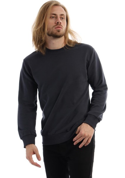 Erkek 3 İplik Pamuklu Regular Fit Basic Bisiklet Yaka Füme Sweatshirt modelleri