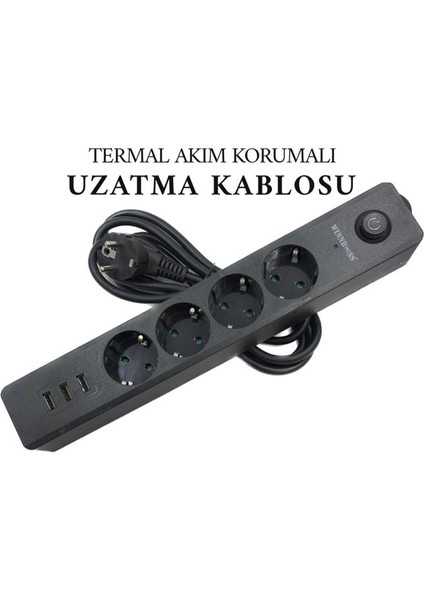 Akım Korumalı Isıya Dayanıklı 4'lü Priz 3x USB 2m Uzatma