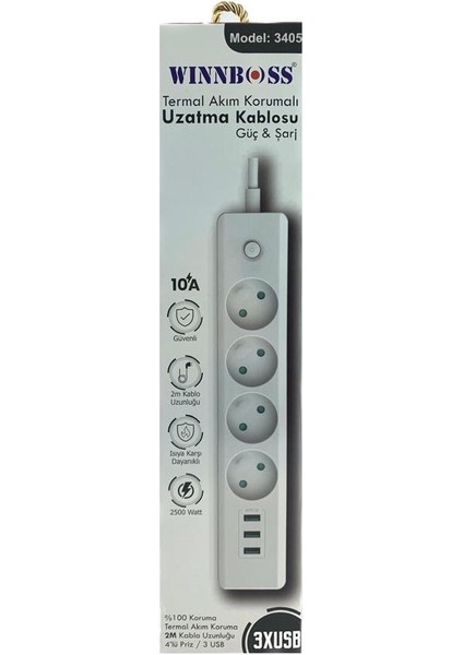 Akım Korumalı Isıya Dayanıklı 4'lü Priz 3x USB 2m Uzatma fırsatları