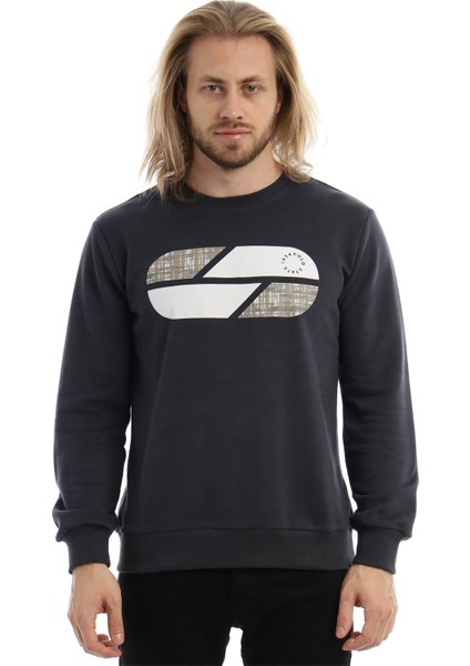 Erkek 3 İplik Pamuklu Baskılı Regular Fit Basic Bisiklet Yaka Füme Sweatshirt