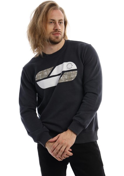Erkek 3 İplik Pamuklu Baskılı Regular Fit Basic Bisiklet Yaka Füme Sweatshirt fiyatları