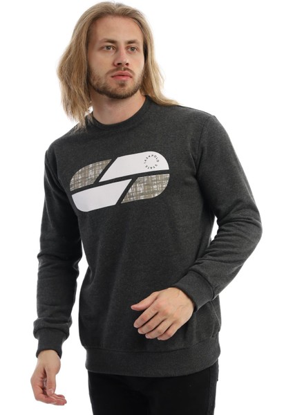 Erkek 3 İplik Pamuklu Baskılı Regular Fit Basic Bisiklet Yaka Antrasit Sweatshirt