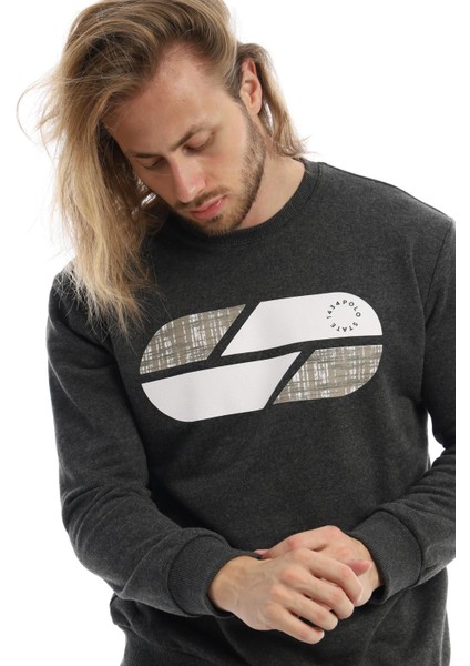 Erkek 3 İplik Pamuklu Baskılı Regular Fit Basic Bisiklet Yaka Antrasit Sweatshirt fiyatları