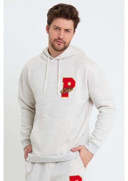 Erkek 3 İplik Pamuklu İçi Polarlı Oversize Nakışlı Kapüşonlu Kanguru Cepli Kar Melanj Sweatshirt