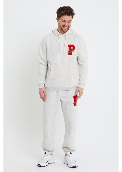 Erkek 3 İplik Pamuklu İçi Polarlı Oversize Nakışlı Kapüşonlu Kanguru Cepli Kar Melanj Sweatshirt fiyatları