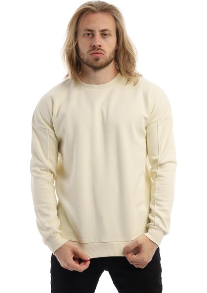 Erkek Bisiklet Yaka Karyoka Dikişli Sweatshirt Krem