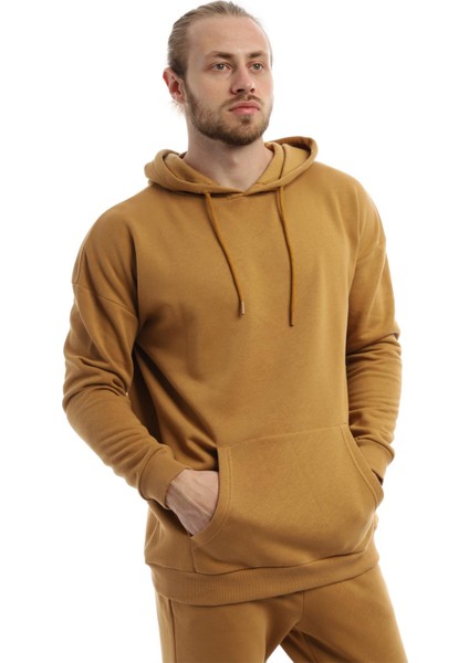 Erkek 3 İplik Pamuklu İçi Polarlı Oversize Kapüşonlu Kanguru Cepli Kahverengi Sweatshirt