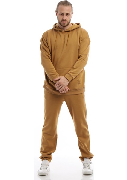 Erkek 3 İplik Pamuklu İçi Polarlı Oversize Kapüşonlu Kanguru Cepli Kahverengi Sweatshirt fiyatları