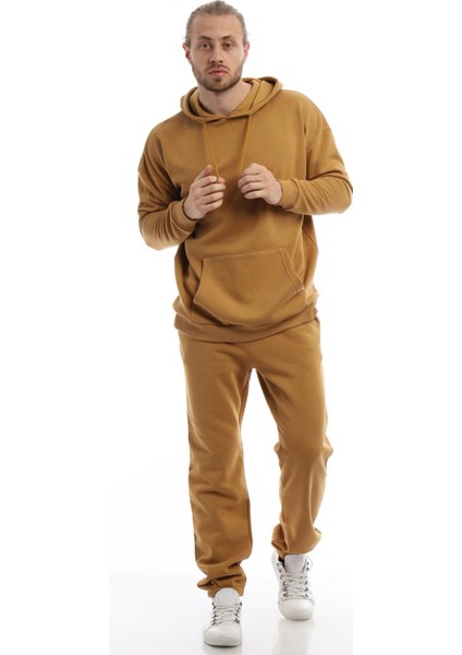 Erkek 3 İplik Pamuklu İçi Polarlı Oversize Kapüşonlu Kanguru Cepli Kahverengi Sweatshirt modelleri