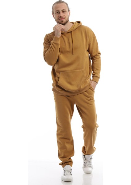 Erkek 3 İplik Pamuklu İçi Polarlı Oversize Kapüşonlu Kanguru Cepli Kahverengi Sweatshirt fırsatları