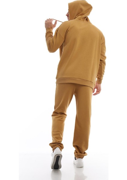 Erkek 3 İplik Pamuklu İçi Polarlı Oversize Kapüşonlu Kanguru Cepli Kahverengi Sweatshirt indirimleri