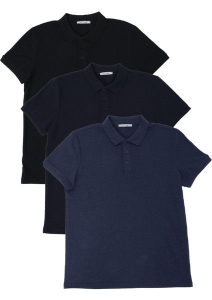 Polo State Erkek Regular Fit Polo Yaka 3lü T-Shirt Lacivert-Siyah-Indigo