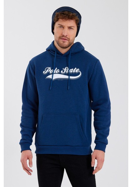 Erkek 3 İplik Pamuklu İçi Polarlı Baskılı Regular Fit Kapüşonlu Kanguru Cepli İndigo Sweatshirt