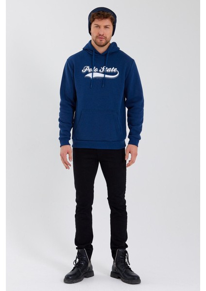 Erkek 3 İplik Pamuklu İçi Polarlı Baskılı Regular Fit Kapüşonlu Kanguru Cepli İndigo Sweatshirt fiyatları