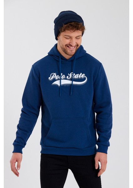 Erkek 3 İplik Pamuklu İçi Polarlı Baskılı Regular Fit Kapüşonlu Kanguru Cepli İndigo Sweatshirt modelleri