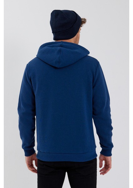 Erkek 3 İplik Pamuklu İçi Polarlı Baskılı Regular Fit Kapüşonlu Kanguru Cepli İndigo Sweatshirt fırsatları