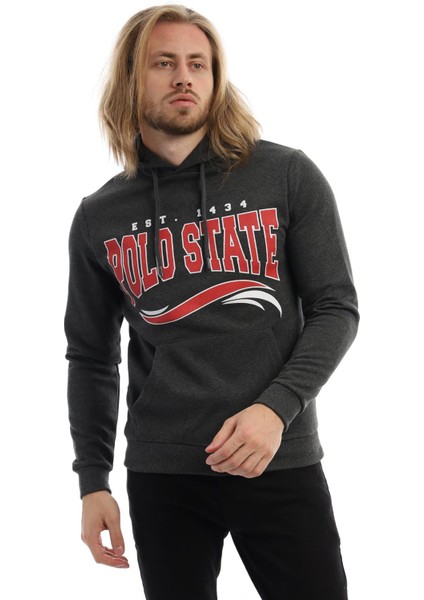 Erkek 3 İplik Pamuklu İçi Polarlı Regular Fit Baskılı Kapüşonlu Kanguru Cepli Antrasit Sweatshirt